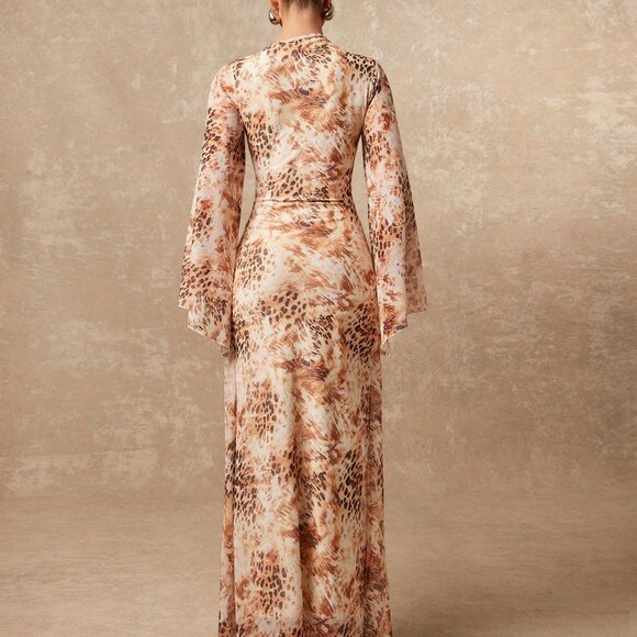 Multicolor Casual Women's Tie-Dye Leopard Print Mesh V-Neck Dress - Picture 2 of 7